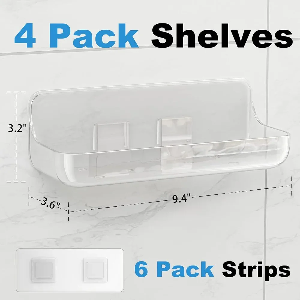 Adhesive Shower Caddy 4 Pack Acrylic Bathroom Shelves No Drill Wall Mount